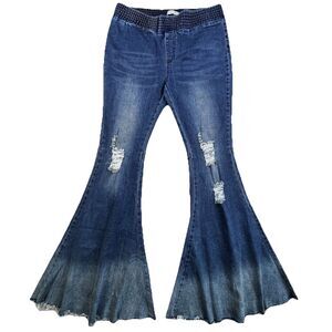 Turquoise Haven Flare Jeans Women's L Bell Bottoms Elastic Waist Fray Raw Edge